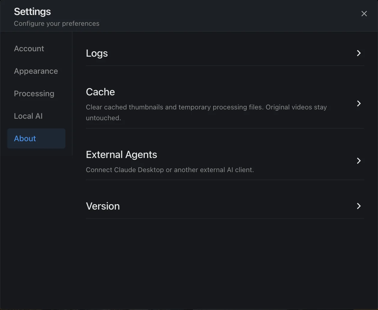 ShotAI Settings, About tab, showing the External Agents entry without credentials.